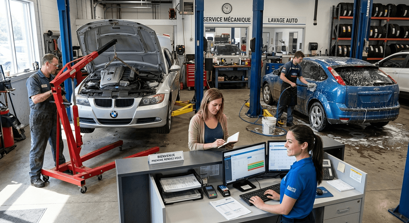 Atelier RendezVousAuto : mécanicien, lavage auto et prise de rendez-vous à l’accueil