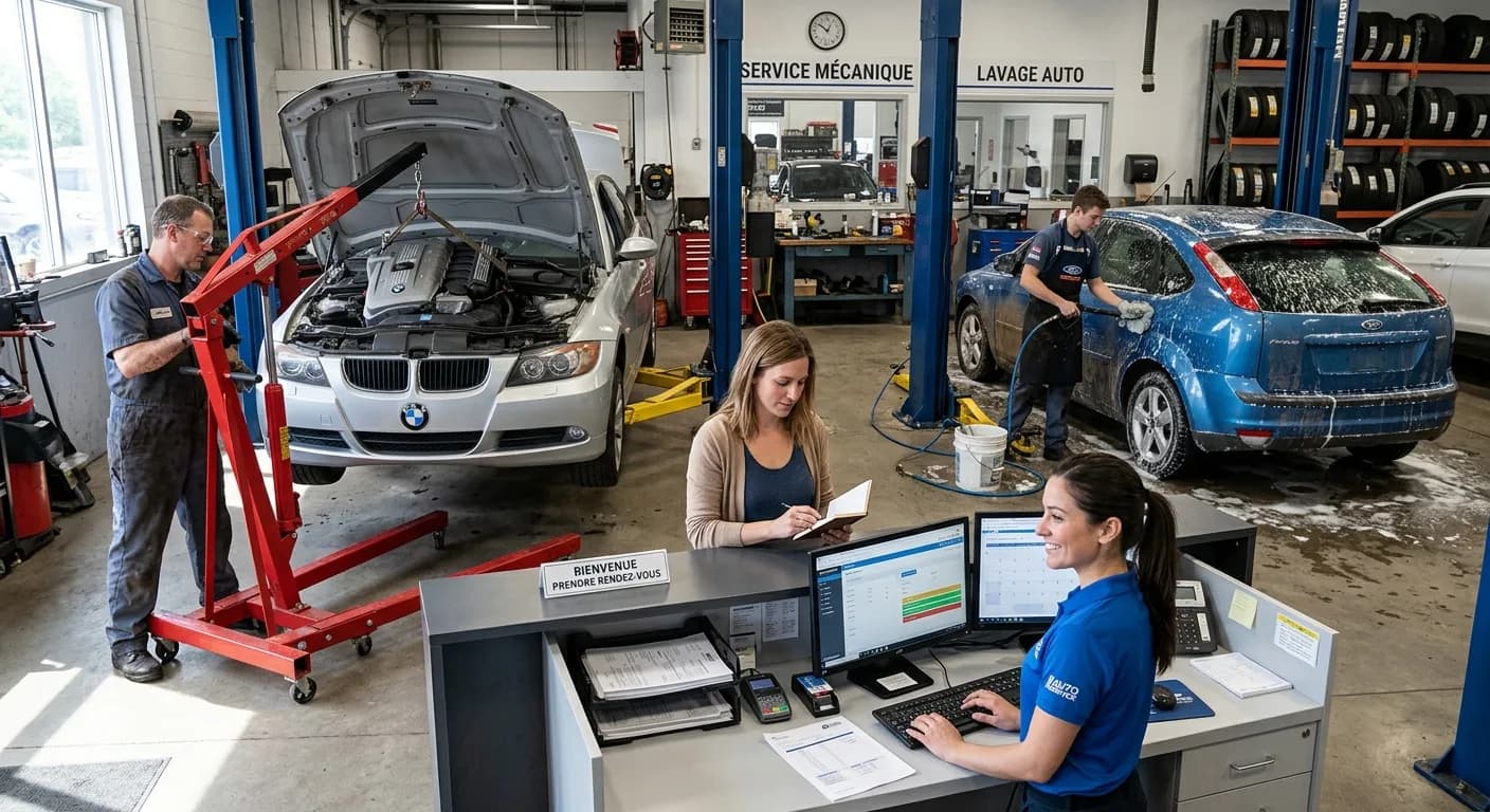 Comptoir de réception d’un atelier automobile, un conseiller accueille un client