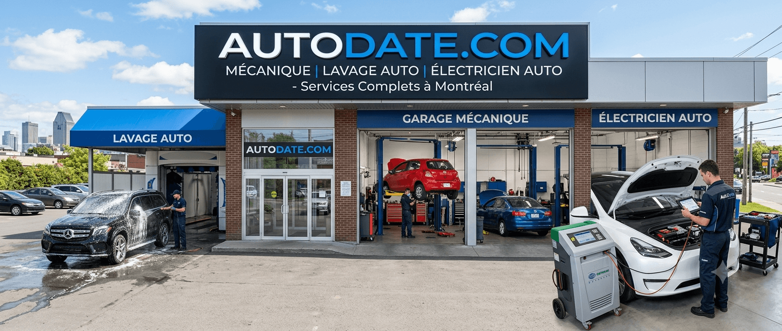 Devanture d’un centre RendezVousAuto : lavage auto, garage mécanique et électricien auto