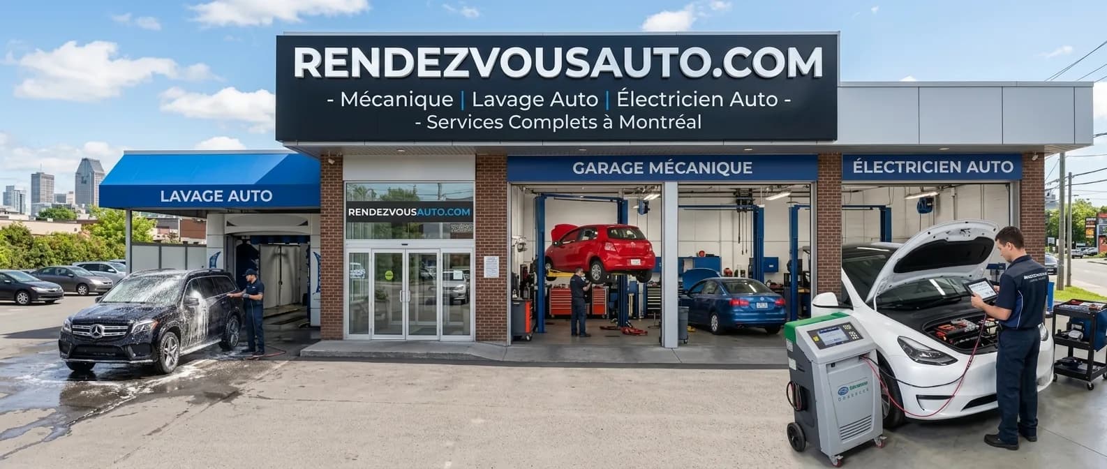 Devanture d’un centre RendezVousAuto : lavage auto, garage mécanique et électricien auto